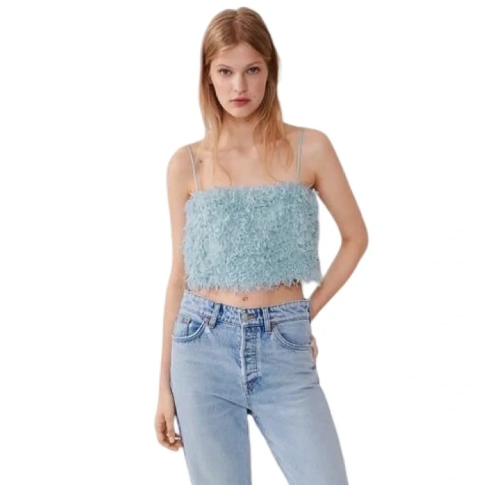 Zara Baby Blue Feather Crop Top SZ Small Old Money Glam Aesthetic Bougie Beach - Picture 2 of 13